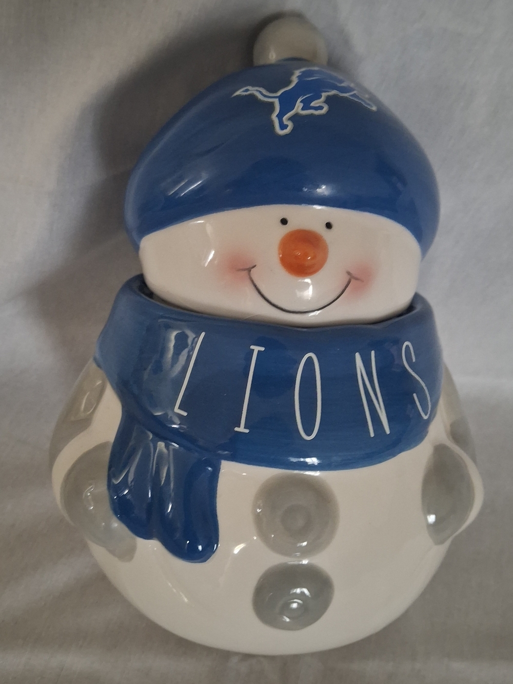 Blue Snowman Cookie Jar with Lions Scarf - Ceramic Holiday Decor